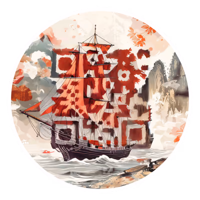 Корабль с красными парусами в технике тушевой акварели: QR-код для наклеек — изображение 1