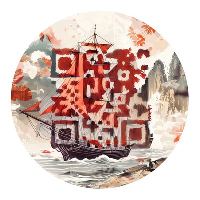 Red Sail Ship Ink Wash QR Code for Stickers