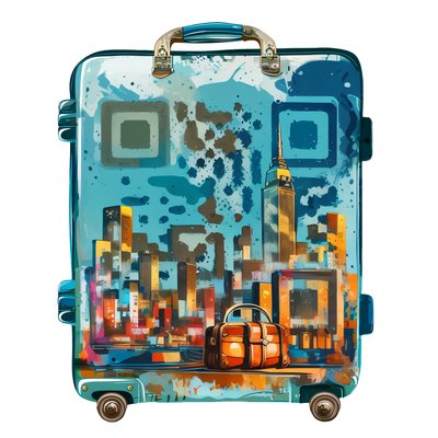 Чемодан с городским силуэтом в векторном стиле: QR-код для наклеек