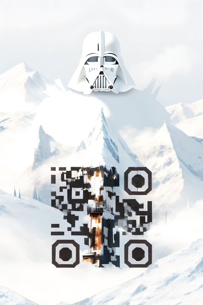 Helmeted Villain Over Snowy Mountains QR Code for Posters