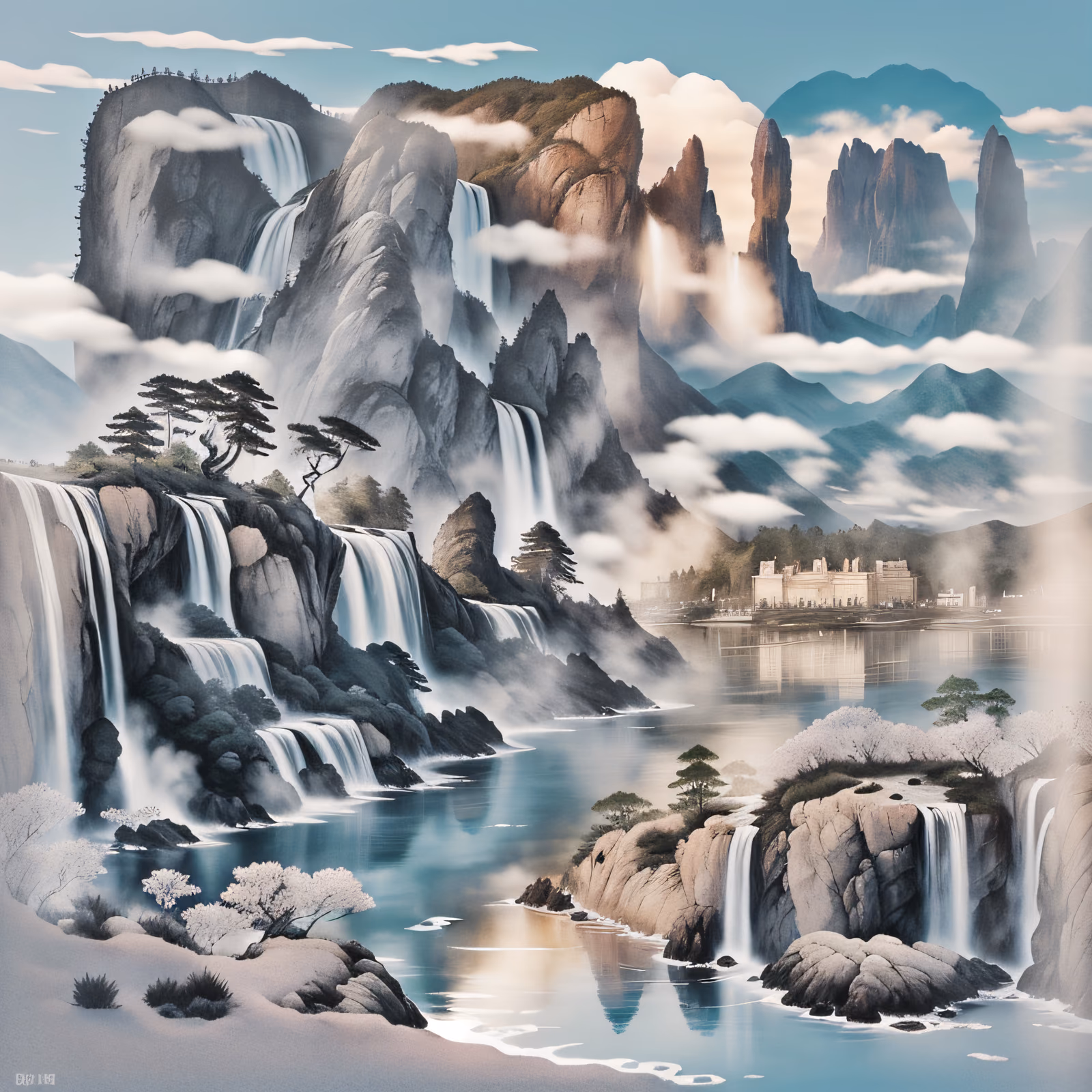 Misty Mountain Waterfalls Ink Landscape QR Code Art — image 1