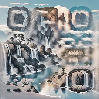 Misty Mountain Waterfalls Ink Landscape QR Code Art