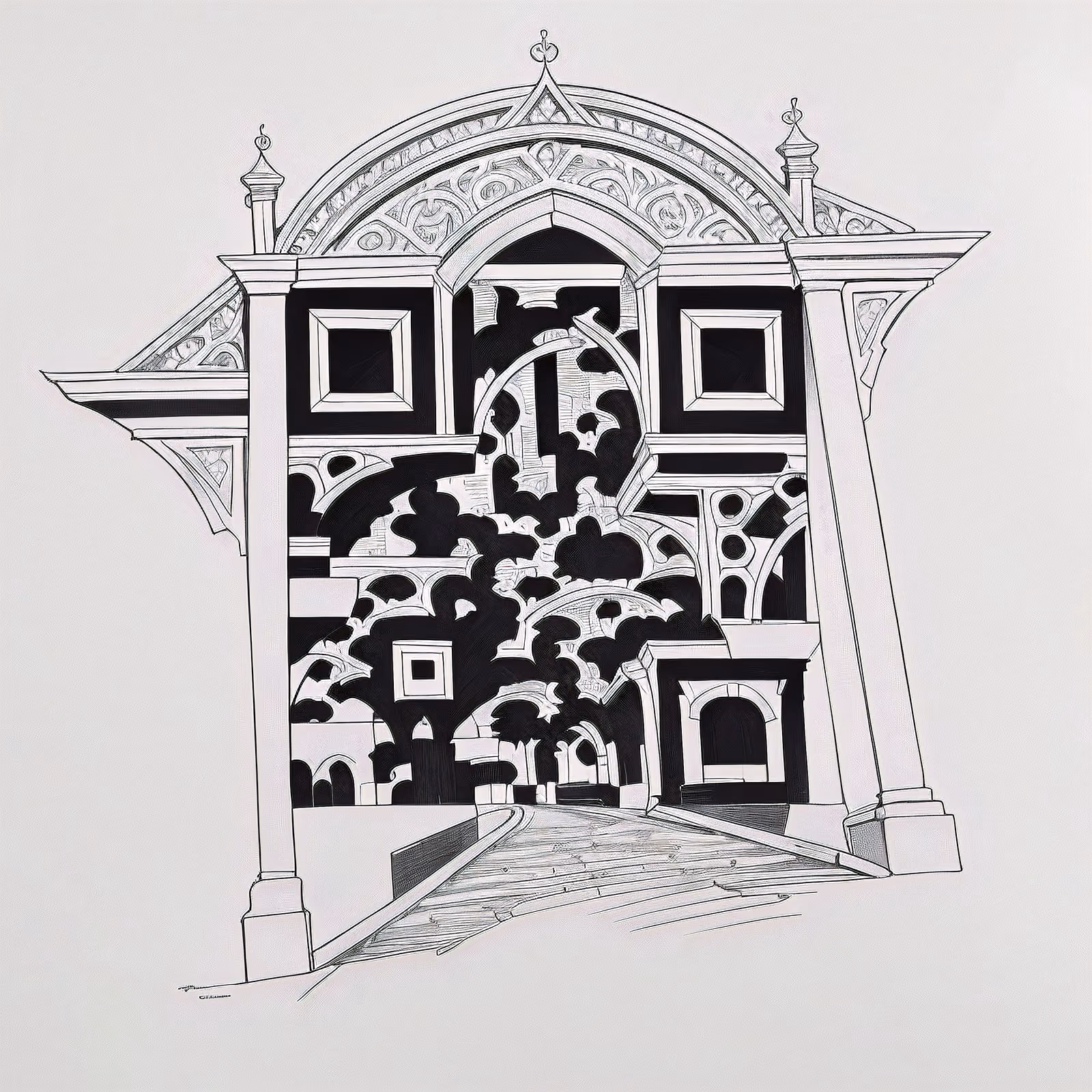 Ornate Gateway Ink Drawing QR Code Art — image 1