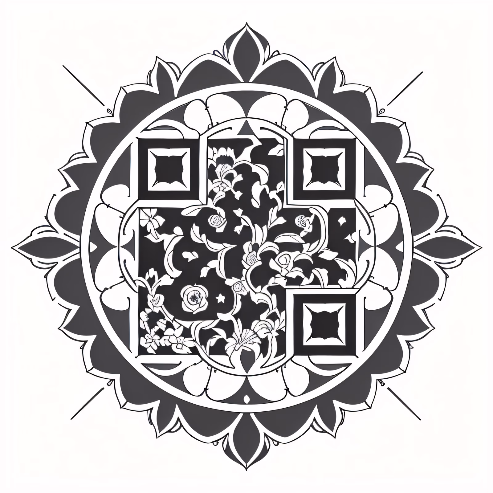 QR-код с цветочной мандалой в стиле чернильной татуировки для временных тату — изображение 1