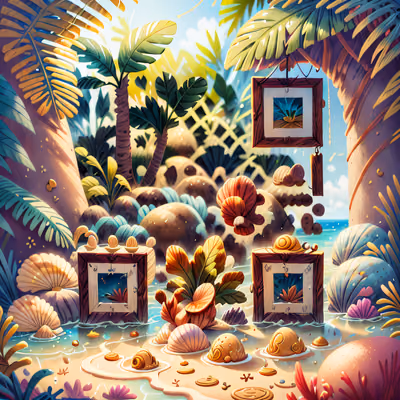 QR-код с тропическим пляжем и ракушками в стиле книжной иллюстрации — изображение 1