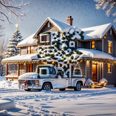Snowy Christmas House and Truck QR Code for Greeting Cards