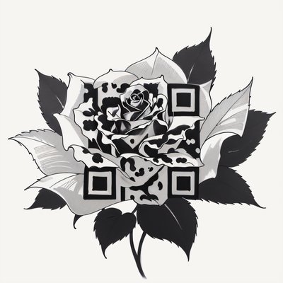 玫瑰黑白纹身风格二维码艺术,适用于临时纹身