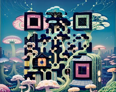 Overgrown Mushroom City Surreal QR Code for Posters