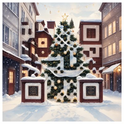 Snowy Square Christmas Tree Watercolor QR Code for Greeting Cards