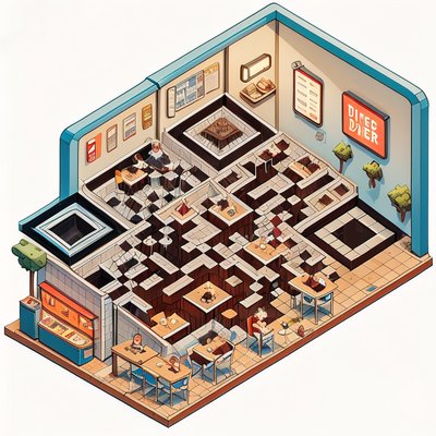 Isometric Comic Diner Interior QR Code for Restaurant Menus