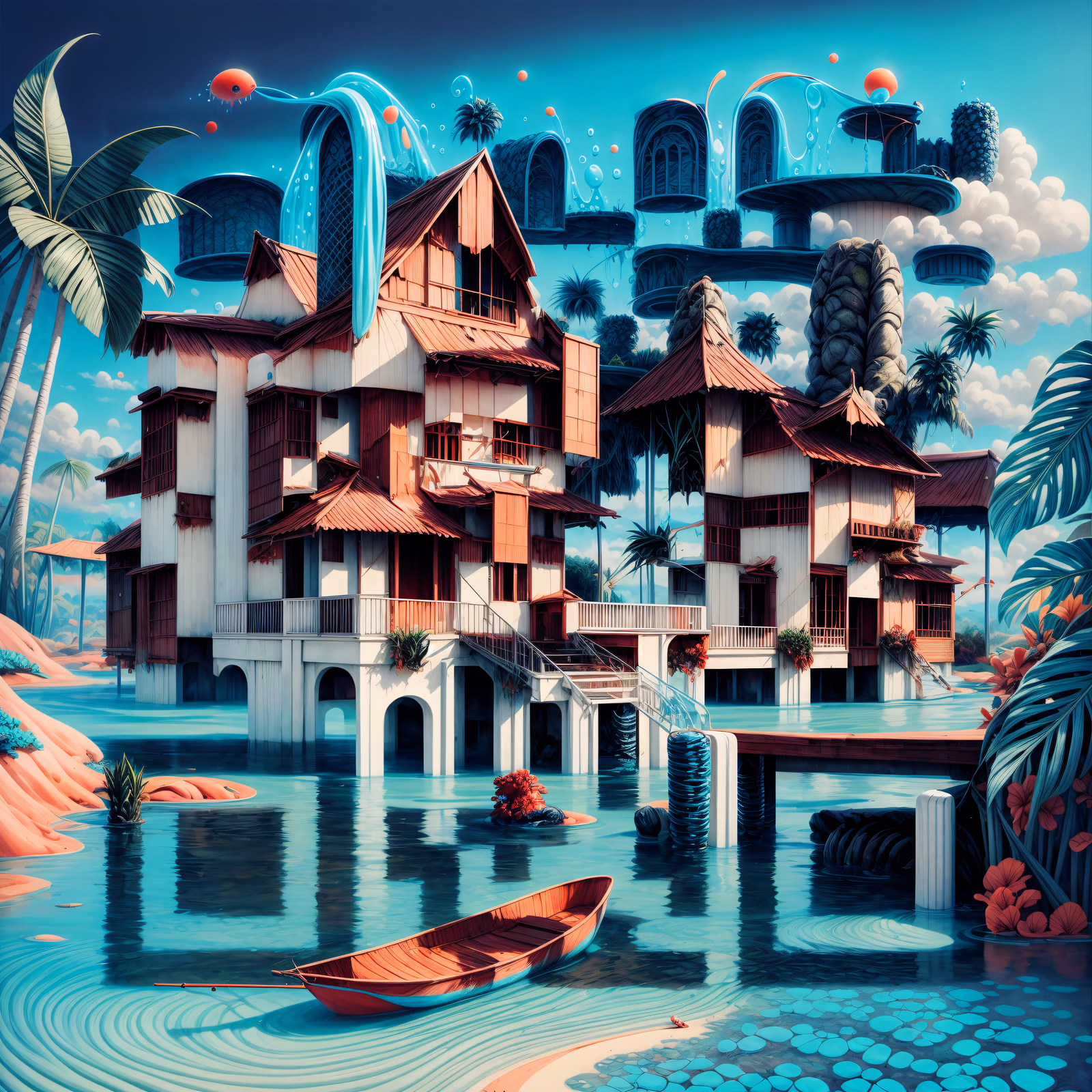 Surreal Tropical Stilt Houses 3D QR Code Art — image 1