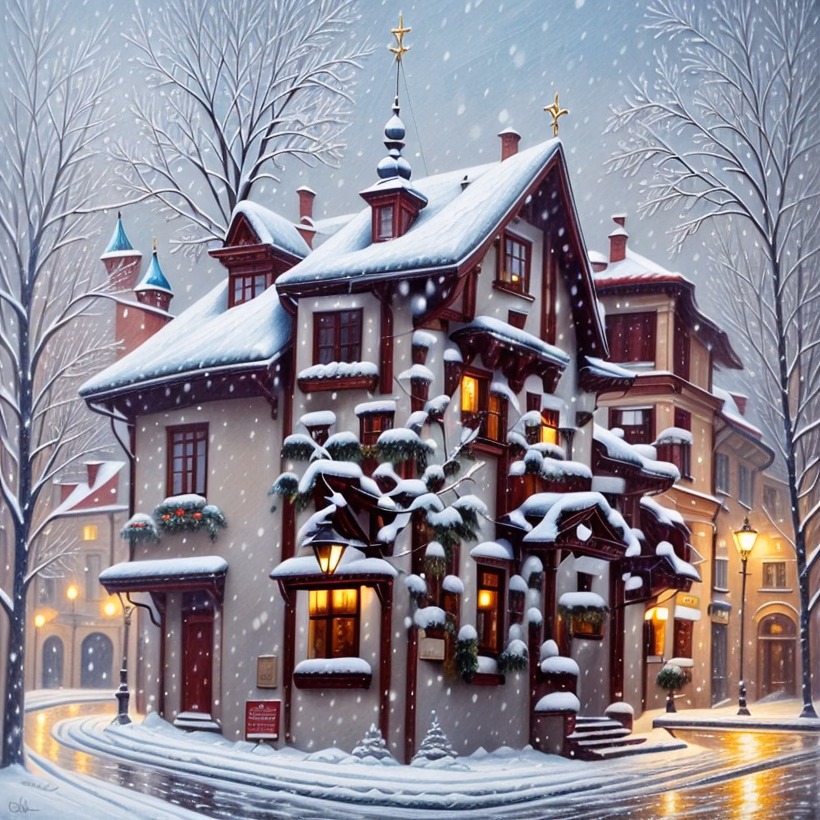 Snowy Old Town House Painting QR Code for Greeting Cards — image 1
