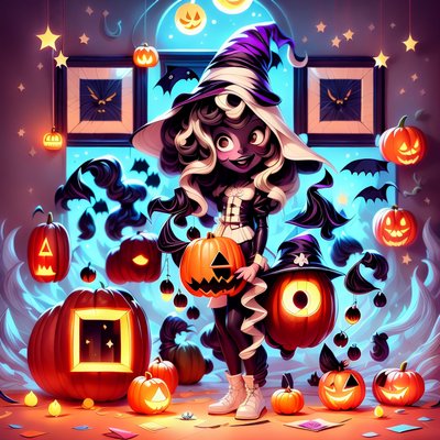 Cartoon Halloween Witch with Pumpkins QR Code for Posters
