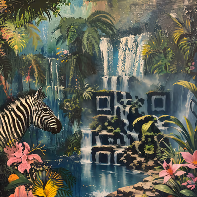 Zebra Jungle Waterfall Painting QR Code Art — image 1