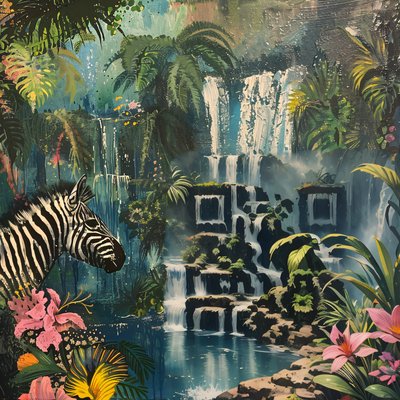 Zebra Jungle Waterfall Painting QR Code Art