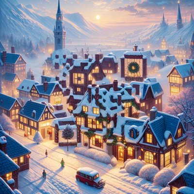Snowy Christmas Village Digital Painting QR Code for Greeting Cards