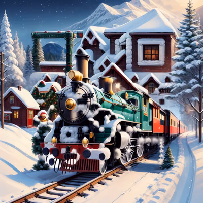 Christmas Steam Train Digital Painting QR Code for Greeting Cards — image 1
