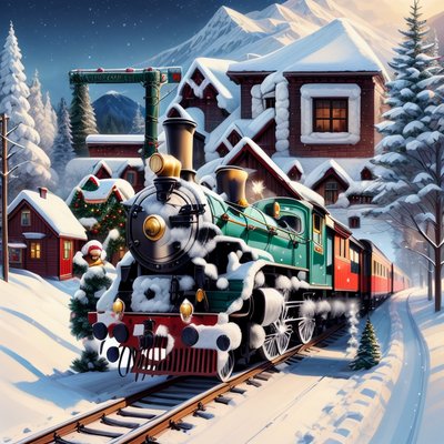 Christmas Steam Train Digital Painting QR Code for Greeting Cards
