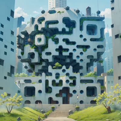 Overgrown Concrete City Building QR Code Art — image 1
