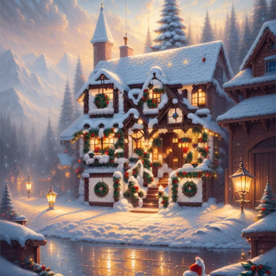 Snowy Christmas Cottage Painting QR Code for Greeting Cards — image 1