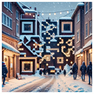Snowy Christmas Street Digital Painting Winter QR Code for Greeting Cards