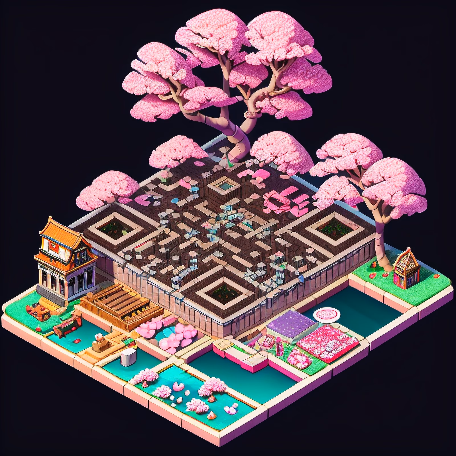Isometric Cherry Blossom Village 3D QR Code Art — image 1