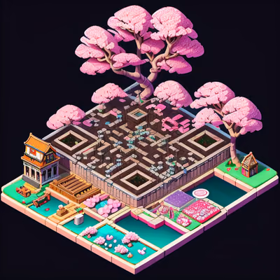 Isometric Cherry Blossom Village 3D QR Code Art — image 1