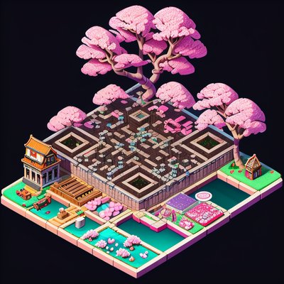Изометрическая деревня цветущей сакуры, 3D QR-код