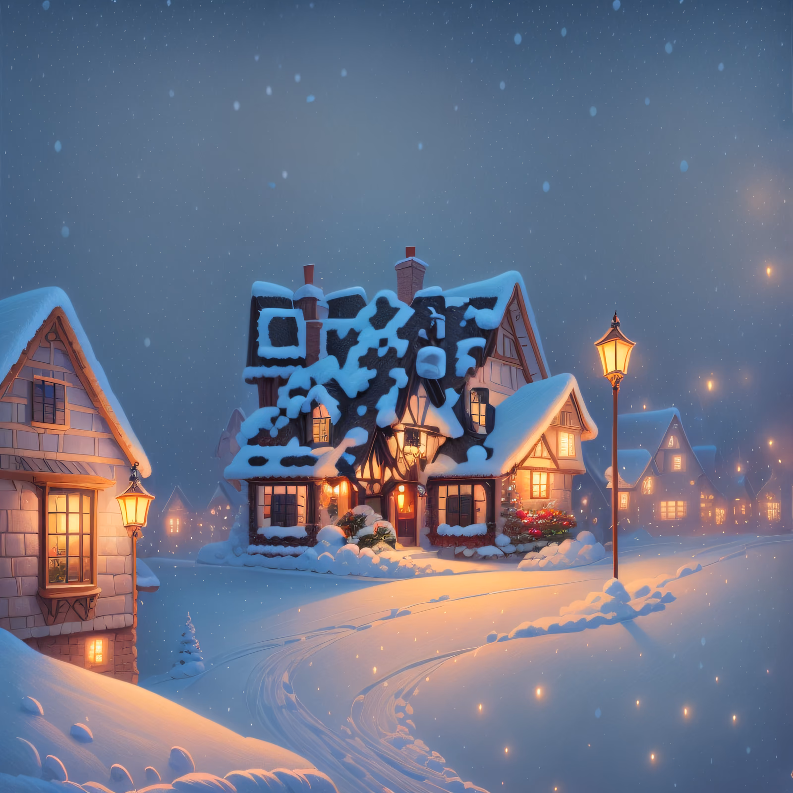 Ночная живопись заснеженной деревни: QR-код для открыток — изображение 1