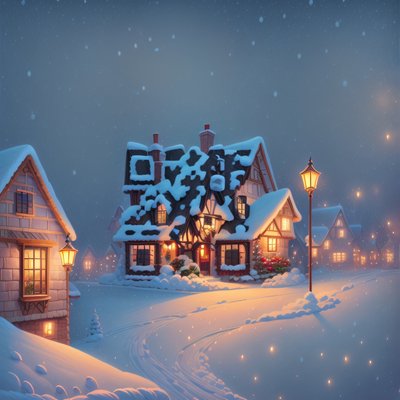 雪村夜景绘画二维码设计,适用于贺卡
