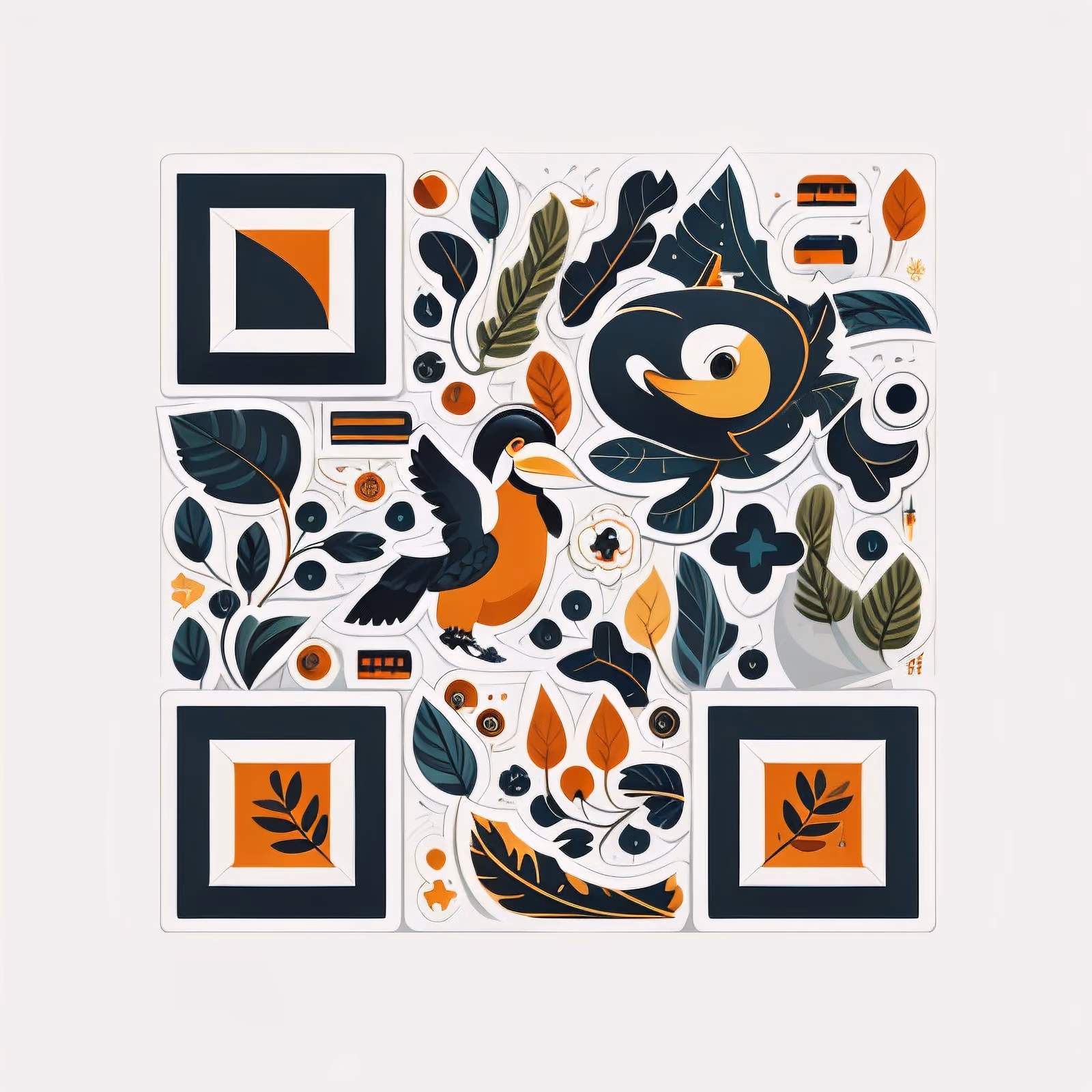 QR-код с тукановым и листьями тропического леса в векторе для наклеек — изображение 1