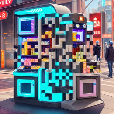 Retrofuturist Street Vending Kiosk QR Code for Posters