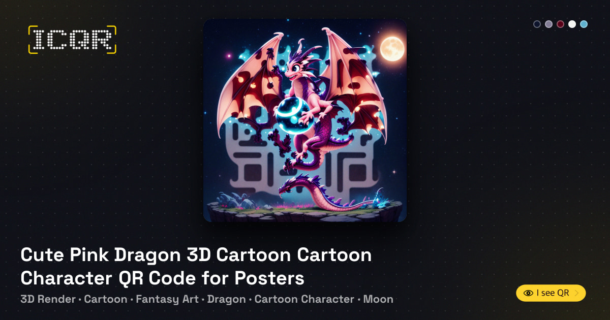 Cute Pink Dragon 3D Cartoon Cartoon Character QR Code for Posters • ICQR
