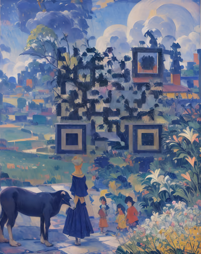 Village Garden Woman Oil Painting QR Code Art — image 1