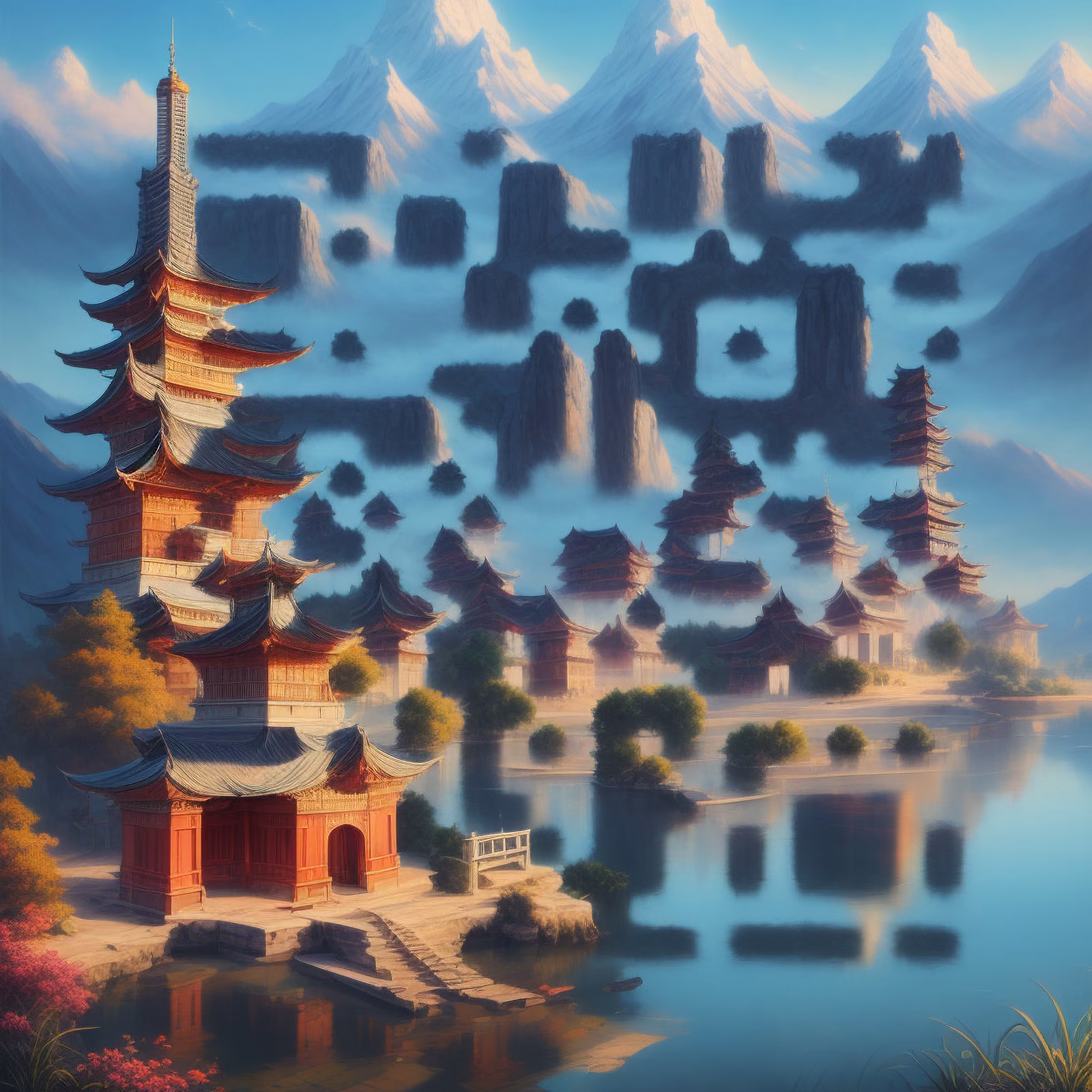 Pagoda Lake Mountain Matte Painting QR Code Art — image 1