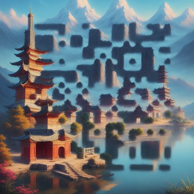 Pagoda Lake Mountain Matte Painting QR Code Art