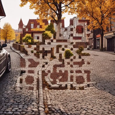 Autumn Cobblestone Street Photo QR Code for Posters