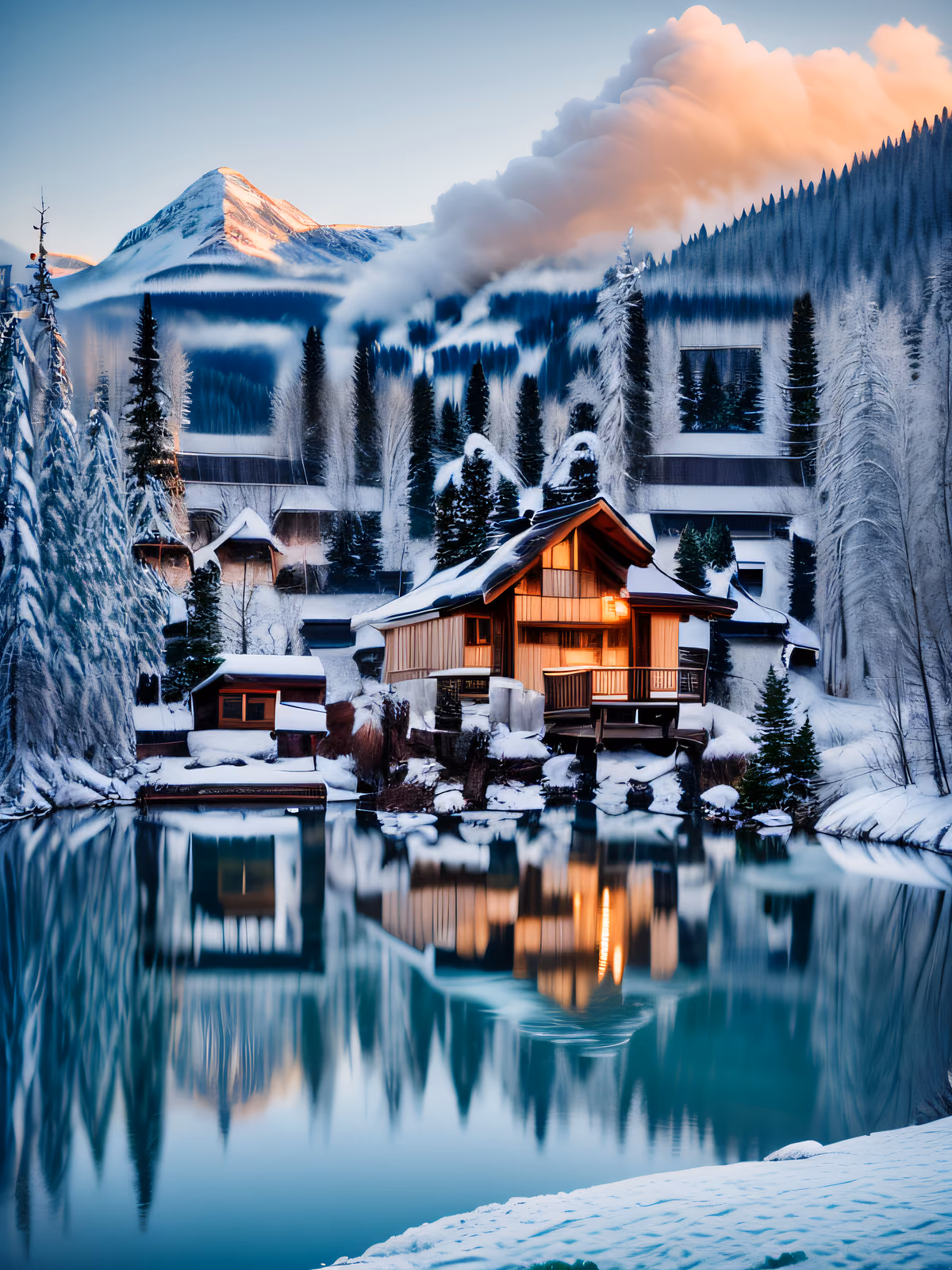 Snowy Lakeside Cabin Photorealistic QR Code Art — image 1