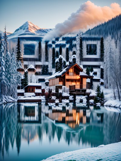 Snowy Lakeside Cabin Photorealistic QR Code Art