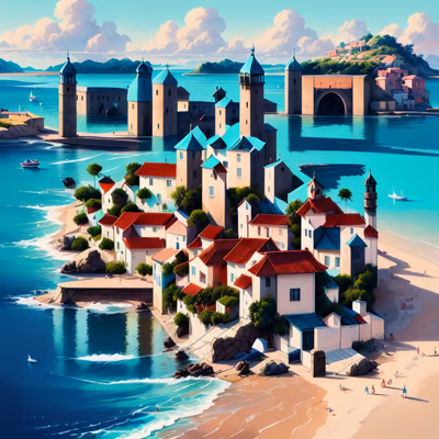 Seaside Village Gouache QR Code Art — image 1