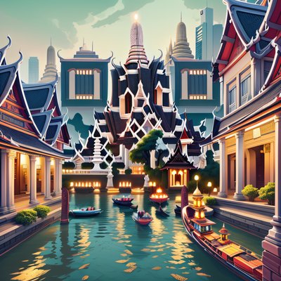 Храм на берегу реки в Бангкоке: QR-код в стиле игрового арта, постер