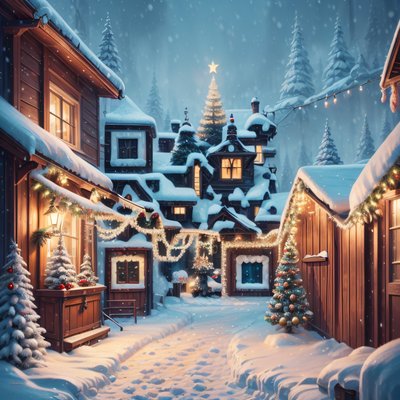 Snowy Christmas Village Matte Painting QR Code for Greeting Cards