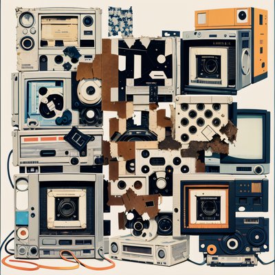 Старая электроника, коллаж из рваной бумаги: QR-код для постеров