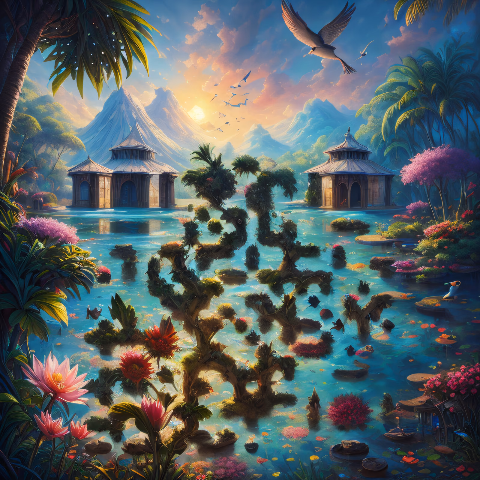 Tropical Lagoon Sunset Matte Painting QR Code Art — image 1