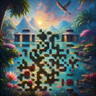 Tropical Lagoon Sunset Matte Painting QR Code Art