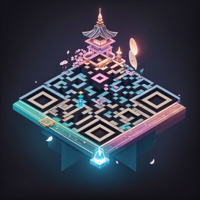 Floating Island Shrine Isometric QR Code for Posters