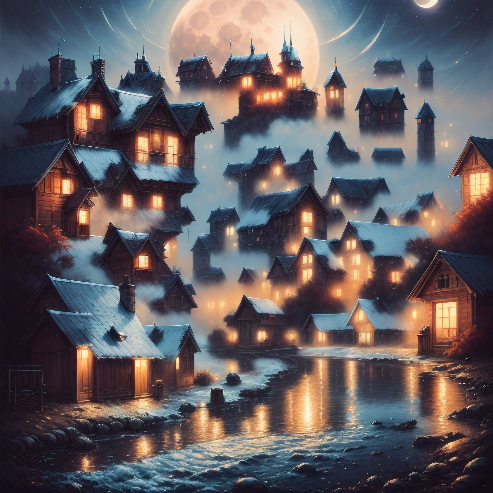 Moonlit Village Night Painting QR Code Art — image 1