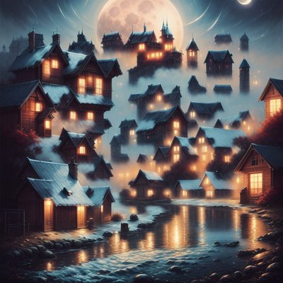 Moonlit Village Night Painting QR Code Art