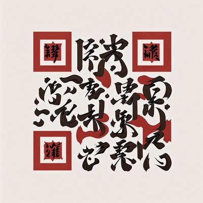 Red and Black Brush Calligraphy Symbol QR Code Art