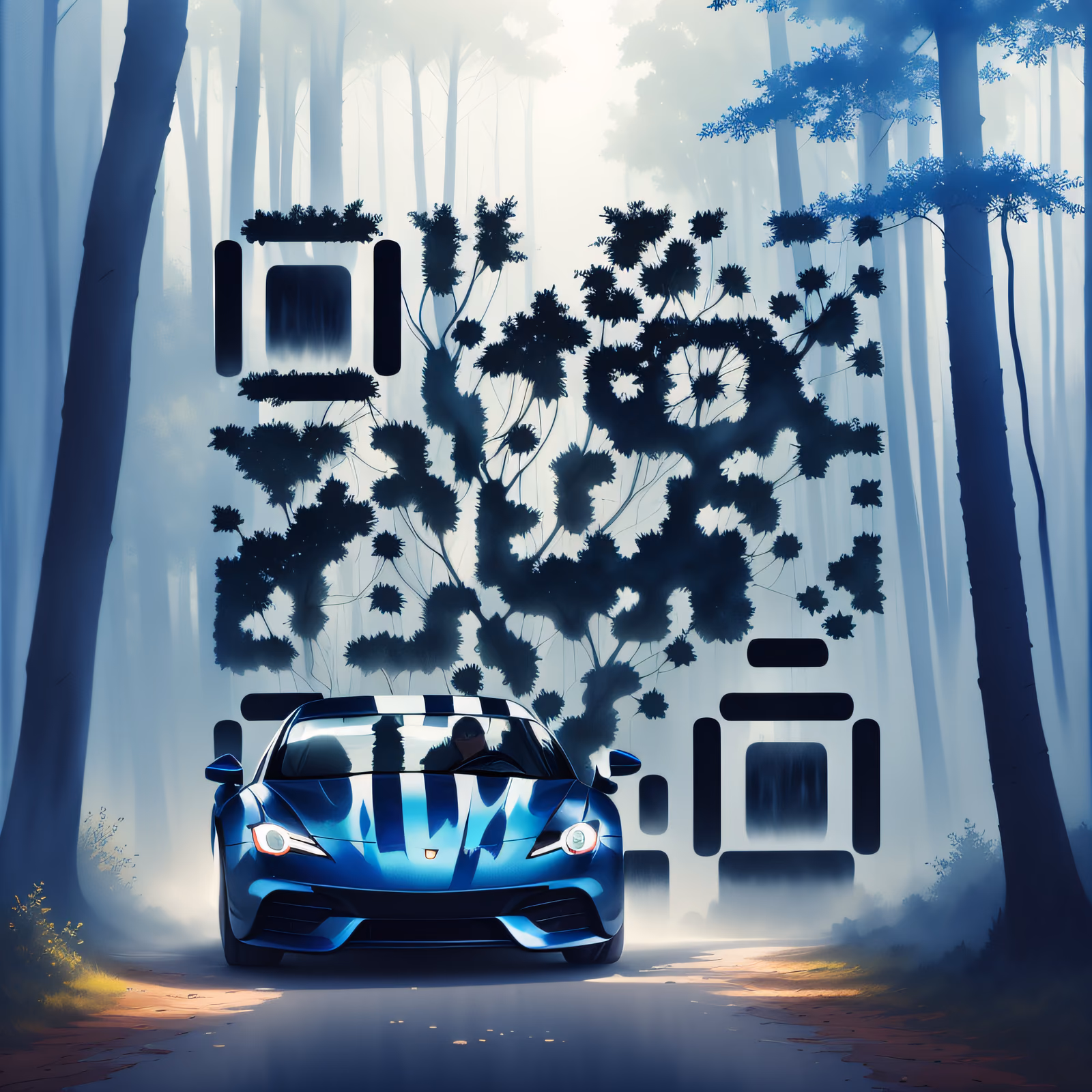 Синий спорткар в туманном лесу: QR-код для постеров — изображение 1